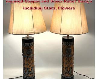 Lot 554 Pr Cylindrical Table Lamps. Asian inspired Copper and Silver Relief Design including Stars, Flowers 