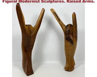 Lot 125 Herman Waldman Carved Wood Figural Modernist Sculptures. Raised Arms. 