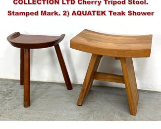 Lot 582 2pc Wood Stools. 1 BARELY COLLECTION LTD Cherry Tripod Stool. Stamped Mark. 2 AQUATEK Teak Shower 