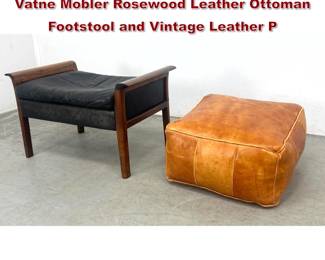 Lot 273 2pcs. Danish Modern Hans Olsen Vatne Mobler Rosewood Leather Ottoman Footstool and Vintage Leather P