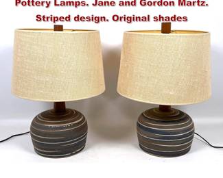 Lot 5 Pr MARTZ for MARSHALL STUDIOS Pottery Lamps. Jane and Gordon Martz. Striped design. Original shades 