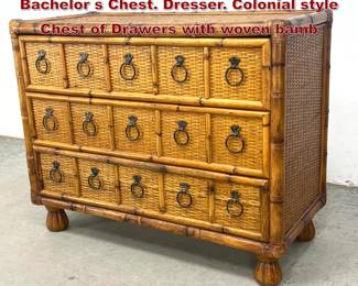 Lot 457 Bamboo Frame Three Drawer Bachelor s Chest. Dresser. Colonial style Chest of Drawers with woven bamb