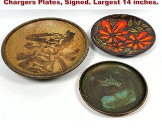 Lot 35 3pcs Studio Pottery Glazed Earthen Chargers Plates, Signed. Largest 14 inches.