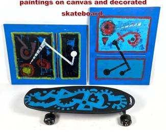 Lot 452 3pcs Dennis Sakelson Art. 2 small paintings on canvas and decorated skateboard. 