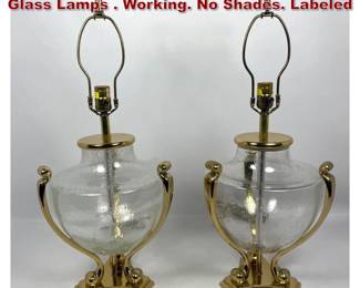 Lot 292 Pair Chapman Brass and Blown Glass Lamps . Working. No Shades. Labeled