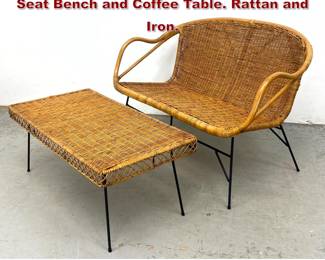 Lot 458 Danny Ho Fong 2pc Rattan Set. Love Seat Bench and Coffee Table. Rattan and Iron. 