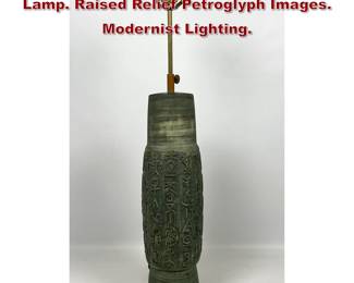 Lot 560 Tall Green Glazed Pottery Table Lamp. Raised Relief Petroglyph Images. Modernist Lighting. 