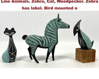 Lot 32 3pc HAGEN RENAKER Black Bisque Line Animals. Zebra, Cat, Woodpecker. Zebra has label. Bird mounted o