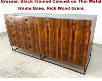 Lot 181 Modern Exotic Wood Credenza Dresser. Black Framed Cabinet on Thin Metal Frame Base. Rich Wood Grain.