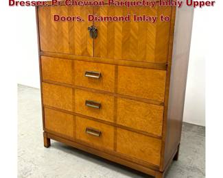 Lot 502 Mid Century Modern Art Deco Styled Dresser. Pr Chevron Parquetry Inlay Upper Doors. Diamond Inlay to
