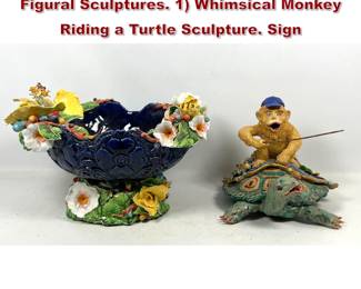 Lot 253 2pc GEORGE ALEXANDER Ceramic Figural Sculptures. 1 Whimsical Monkey Riding a Turtle Sculpture. Sign