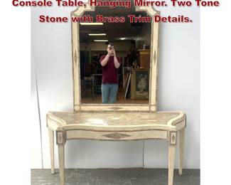 Lot 293 2pc Travertine Tesserae Tile Console Table, Hanging Mirror. Two Tone Stone with Brass Trim Details. 