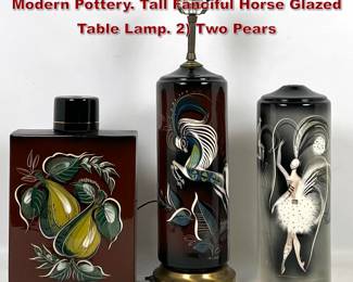 Lot 76 3pc SASCHA BRASTOFF Mid Century Modern Pottery. Tall Fanciful Horse Glazed Table Lamp. 2 Two Pears 