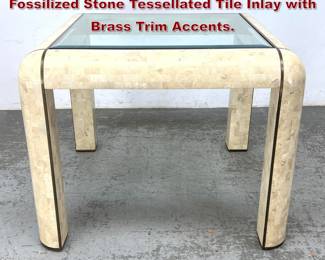 Lot 527 Maitland Smith style Dining Table. Fossilized Stone Tessellated Tile Inlay with Brass Trim Accents. 