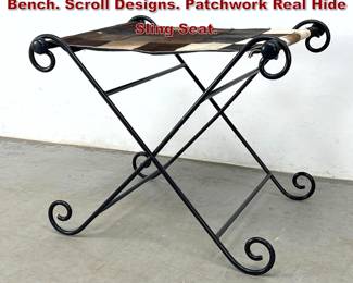 Lot 210 Black Metal Frame Folding Stool Bench. Scroll Designs. Patchwork Real Hide Sling Seat. 