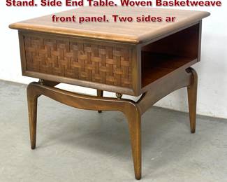 Lot 72 LANE Walnut American Modern Night Stand. Side End Table. Woven Basketweave front panel. Two sides ar
