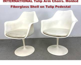 Lot 201 Pr EERO SAARINEN for KNOLL INTERNATIONAL Tulip Arm Chairs. Molded Fiberglass Shell on Tulip Pedestal