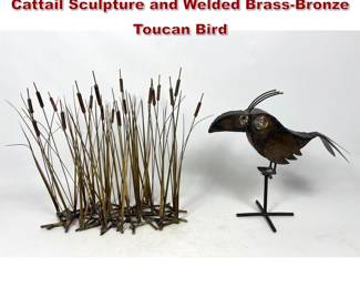 Lot 90 2pcs Mid Century Brutalist Brass Cattail Sculpture and Welded BrassBronze Toucan Bird