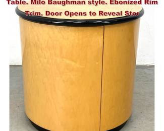 Lot 456 HENREDON Burl Wood Drum End Table. Milo Baughman style. Ebonized Rim Trim. Door Opens to Reveal Stor