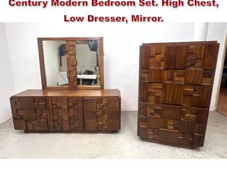 Lot 564 3pcs Lane Staccato Brutalist Mid Century Modern Bedroom Set. High Chest, Low Dresser, Mirror. 