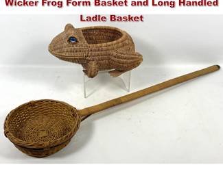 Lot 466 2pcs 70s Vintage Mid Century Wicker Frog Form Basket and Long Handled Ladle Basket