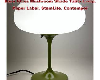 Lot 492 DESIGNLINE Olive Green Enamel Base Glass Mushroom Shade Table Lamp. Paper Label. StemLite. Contempor