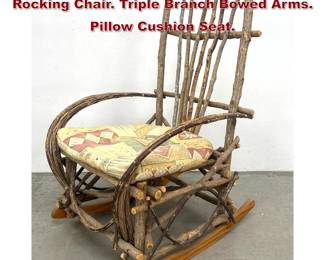 Lot 341 Primitive Hickory Twig Rocker Rocking Chair. Triple Branch Bowed Arms. Pillow Cushion Seat. 