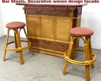 Lot 270 Cool Woven Rattan, Bamboo Bar. 2 Bar Stools. Decorative woven design facade supports wide wood bar t