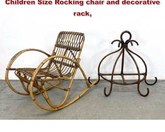 Lot 464 2pcs Modernist Rattan Furniture. Children Size Rocking chair and decorative rack,
