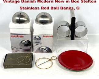 Lot 248 5pcs Mid Century Modern Lot. 2 Vintage Danish Modern New in Box Stelton Stainless Roll Ball Banks, G