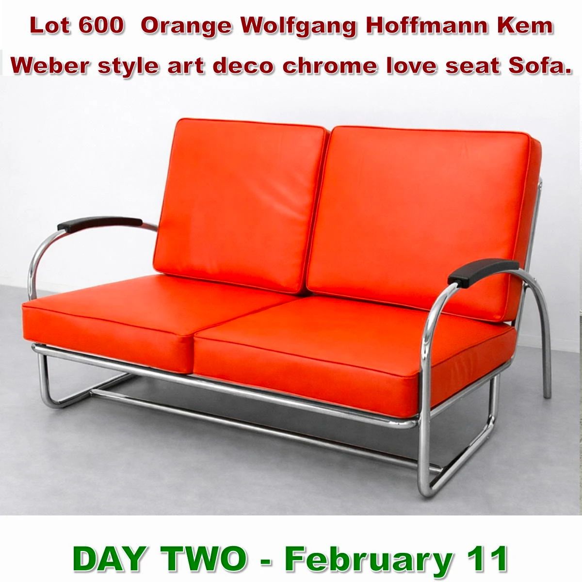 Lot 600 Orange Wolfgang Hoffmann Kem Weber style art deco chrome love seat Sofa. 