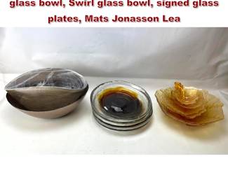 Lot 920 Vintage Glass Lot. Hand painted glass bowl, Swirl glass bowl, signed glass plates, Mats Jonasson Lea