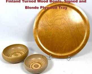 Lot 665 3pcs. 2 Vintage Paavo Asikainen Finland Turned Wood Bowls, Signed and Blonde Plywood Tray