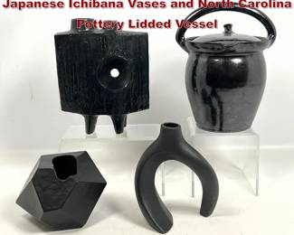 Lot 730 4pcs Vintage Toyo Glazed Ceramic Japanese Ichibana Vases and North Carolina Pottery Lidded Vessel 