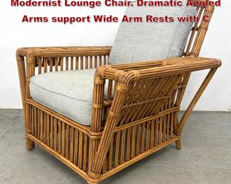 Lot 765 PALECEK Bamboo and Rattan Modernist Lounge Chair. Dramatic Angled Arms support Wide Arm Rests with C
