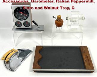Lot 939 6pcs Vintage Mid Century Modern Accessories. Barometer, Italian Peppermill, Slate and Walnut Tray, C