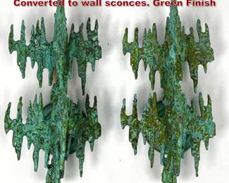 Lot 623 Pair Brutalist Bronze Sculptures Converted to wall sconces. Green Finish