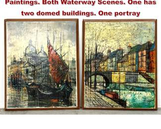 Lot 611 2pc NINOT Signed Modernist Paintings. Both Waterway Scenes. One has two domed buildings. One portray