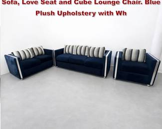 Lot 850 3pc Mid Century Modern Seating. Sofa, Love Seat and Cube Lounge Chair. Blue Plush Upholstery with Wh