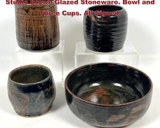 Lot 935 4pc Signed CHRISTIAN Artisan Studio Brown Glazed Stoneware. Bowl and Three Cups. All Signed. 