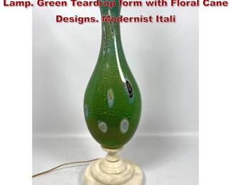 Lot 609 BALBOA Venetian Murano Art Glass Lamp. Green Teardrop form with Floral Cane Designs. Modernist Itali