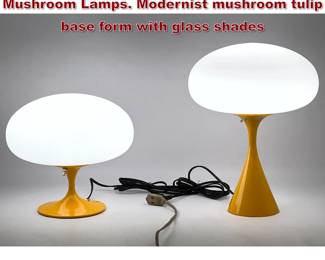Lot 770 2pc DESIGNLINE Dark Yellow Base Mushroom Lamps. Modernist mushroom tulip base form with glass shades