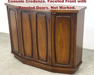 Lot 827 BROYHILL American Modern Walnut Console Credenza. Faceted Front with Paneled Doors. Not Marked. 