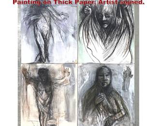 Lot 799 4pcs Large Graphite Drawing Painting on Thick Paper. Artist signed. 