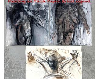 Lot 810 3pcs Large Graphite Drawing Painting on Thick Paper. Artist signed. 