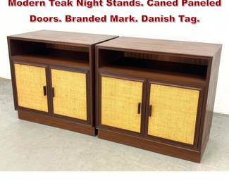 Lot 769 Pr VAMO SONDERBORG Danish Modern Teak Night Stands. Caned Paneled Doors. Branded Mark. Danish Tag. 
