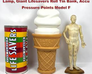 Lot 912 3pcs Vintage Giant Ice Cream Cone Lamp, Giant Lifesavers Roll Tin Bank, Accu Pressure Points Model F