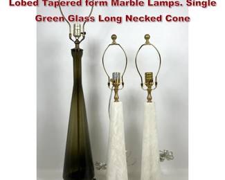 Lot 608 3pc Modern Table Lamps. Pr Four Lobed Tapered form Marble Lamps. Single Green Glass Long Necked Cone