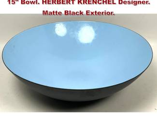 Lot 729 KRENIT Danish Modern Blue Enamel 15 Bowl. HERBERT KRENCHEL Designer. Matte Black Exterior.