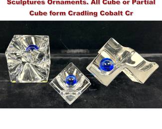 Lot 683 3pc DAUM France Crystal Table Sculptures Ornaments. All Cube or Partial Cube form Cradling Cobalt Cr